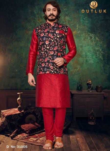 Red Colour Exclusive Festive Wear Art Silk Digital Printed Kurta Pajama With Jacket Mens Collection 31005